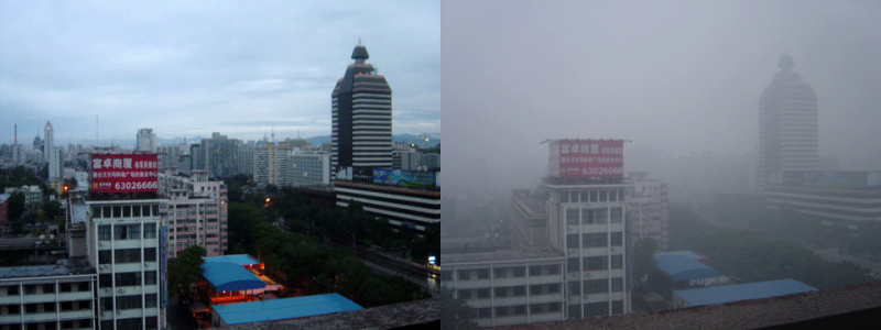 The visual difference between very low (left) and high (right) levels of pollution in Beijing.